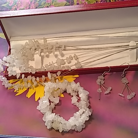 Necklace Bracelet Earrings Set, White Stones - Picture 2 of 6